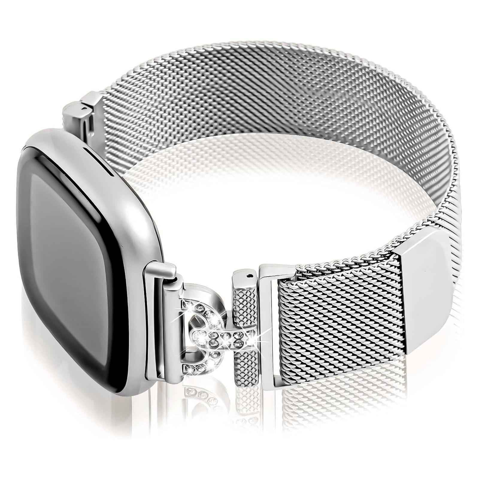 HAYONLIY Magnetic Bands Compatible for Fitbit Sense 2/Fitbit Versa 4/Fitbit Sense/Fitbit Versa 3, Mesh Stainless Steel Bling Strap, Dressy Replacement Adjustable Wristband for Women-Silver