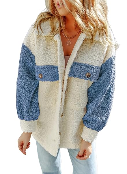 ASTYLISH WOMENS 2023 WINTER COATS FUZZY FLEECE FAUX SHEARLING OVERSIZED OUTWEAR SHACKET JACKET BLUE