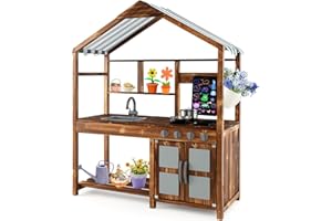 Costzon Mud Kitchen for Kids Outdoor, Wooden Pretend Play Kitchen w/Canopy, Chalkboard, Stove, Removable Sink, Cooking Access