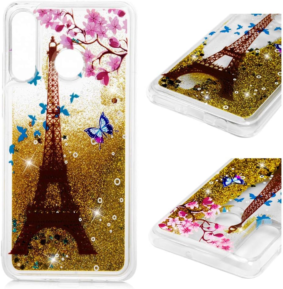 Huawei P30 Lite Case, Clear Liquid Glitter Case Bling Shiny Sparkle Flowing Moving Hearts Cover Crystal Slim Fit Protective TPU Bumper Shockproof Skin for Huawei P30 Lite Butterfly Love Flower Tower
