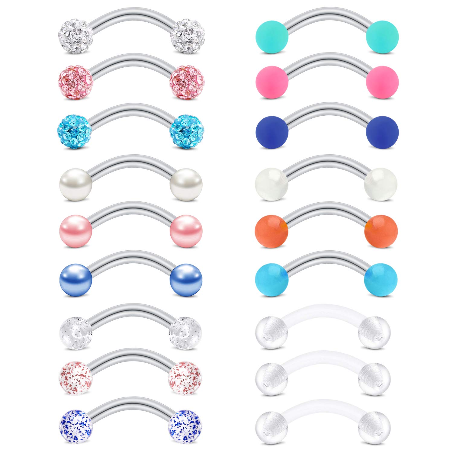 Rajnard Eyebrow Bar Rook Earrings 16G Surgical Steel Curved Barbell 8mm Cristal Ball Pearl Rook Piercing Jewellery Retainer For Women Girls 18Pcs