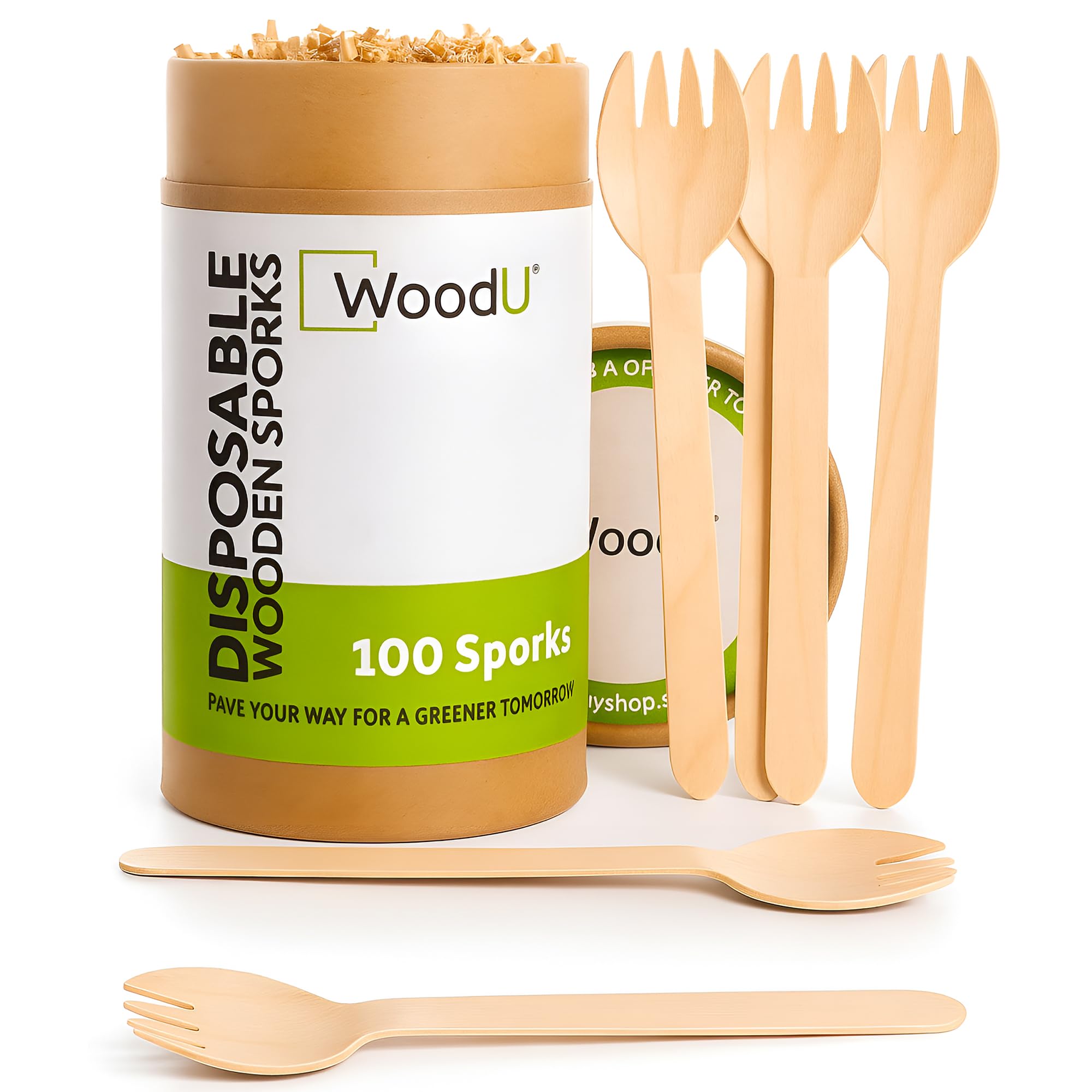 WoodU Disposable Wooden Spork, 6.5" Eco Friendly Utensils, Cutlery Biodegradable Compostable Natural Birchwood Spork, Party Supplies Camping BBQ, Picnic, Birthday Parties (Pack of 100) Go Green!