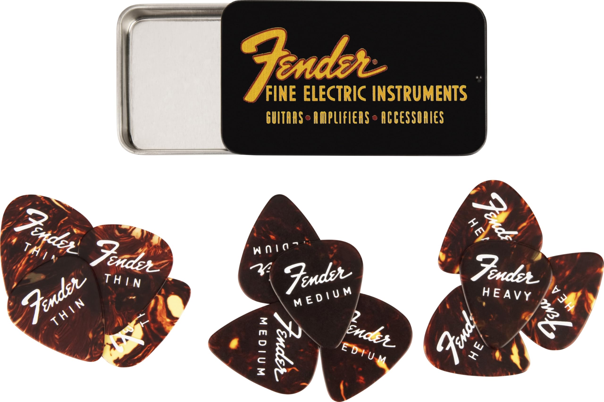 Fender® Fine Electric Pick Tin Picks in Collector's Tin - Pack of 12 - Celluloid - 351 Shape - 3 Thicknesses - Tortoise Shell