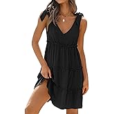 ZESICA Womens 2026 Summer Casual V Neck Sleeveless Mini Dress Tie Shoulder Tiered Ruffle Swing A Line Short Sundresses