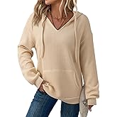 Dokotoo Womens Hoodies Oversized Sweatshirts Ribbed Knit Long Sleeve Drawstring V Neck Casual Pullover Sweatshirt Hooded Tops