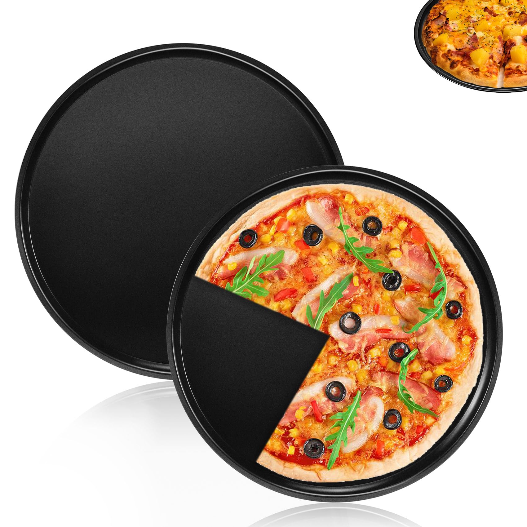 Pojedehy Pizza Tray, 2 PCS 12 inch Non-Stick Round Baking Tray, Pizza Pan Oven Tray, Pizza Oven Sheet Pan for Baking/Serving, Less-Stick, Rust