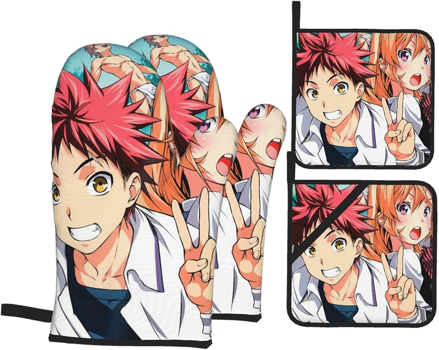 BattLeo Anime Food Wars Shokugeki No Soma Oven Mitts and Pot Holders Sets 4-Piece, Fireproof Non-Slip Surface Cooking Hanging Gloves, for Baking Grilling BBQ