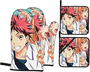BattLeo Anime Food Wars Shokugeki No Soma Oven Mitts and Pot Holders Sets 4-Piece, Fireproof Non-Slip Surface Cooking Hanging Gloves, for Baking Grilling BBQ