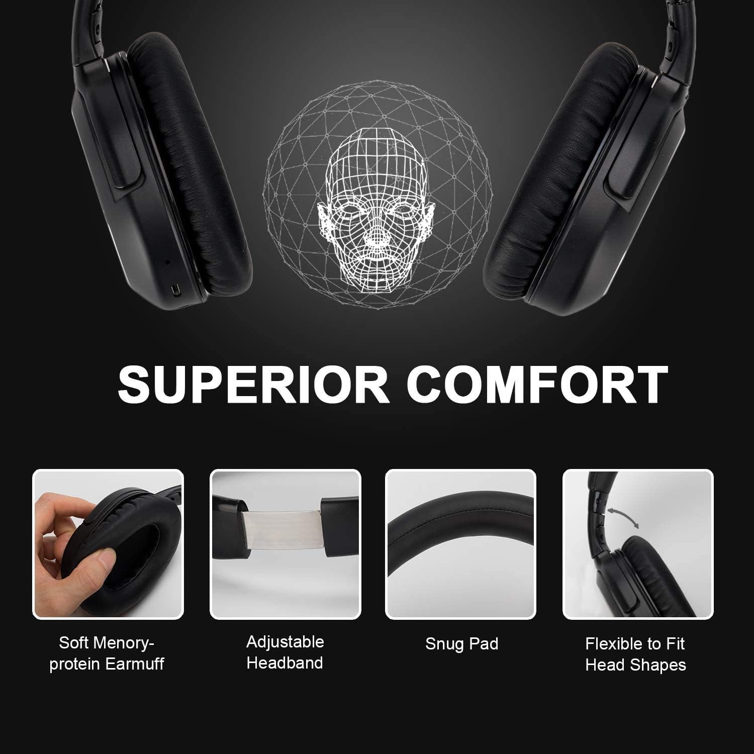Atune Analog Bluetooth Headphones Wireless Active Noise CancellingHeadphones With Microphone Over-Ear Lightweight Foldable 20H Playtime Comfortable Protein Earpads micro-USB Charge PortTelescopic Arms