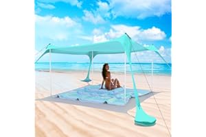 Zeepair Beach Tent Pop Up Shade Canopy Sun Shelter UPF50+ with 4 Stability Poles/Carry Bag/Ground Pegs/Sand Shovel/Windproof Ropes Portable Outdoor Family Sunshade for Beach Camping (Turquoise, 7×7FT)