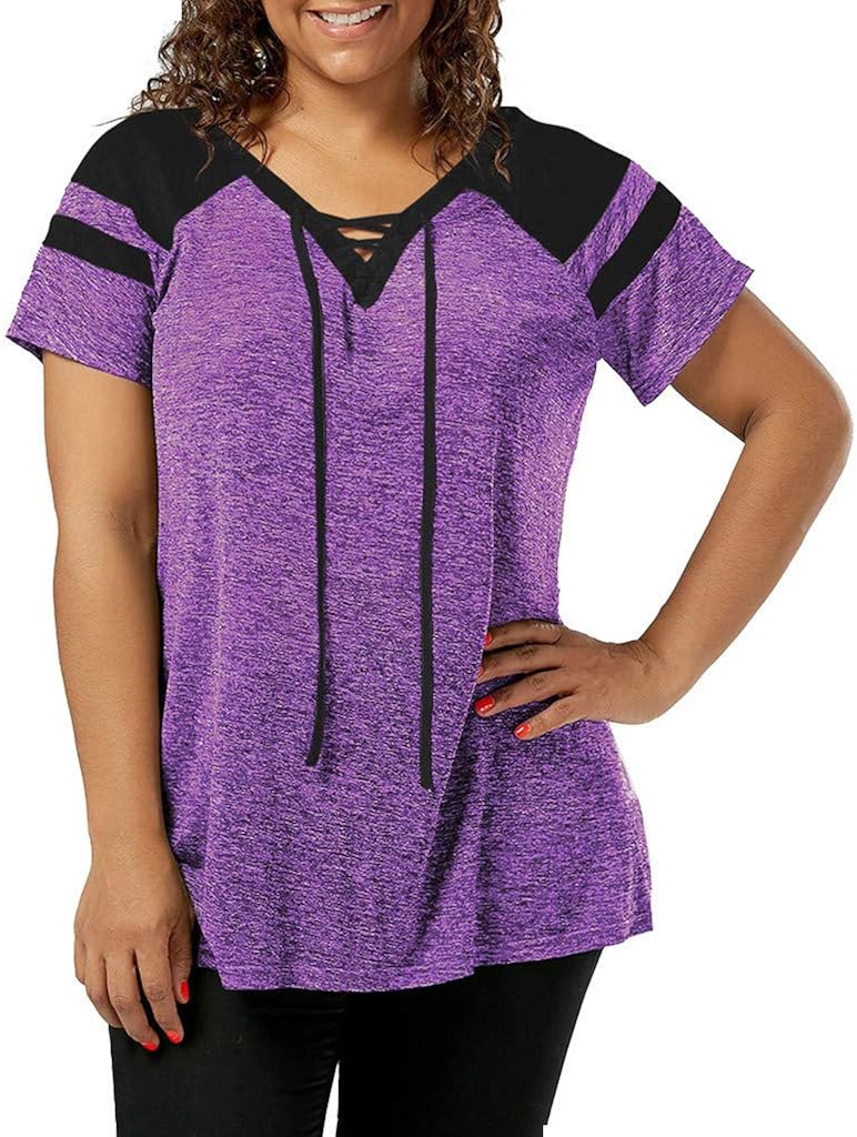 Aniywn Women Patchwork Short Sleeve Pullover Tops Plus Size Lace Up Casual Sports Blouse T-Shirt