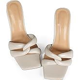 iiimmu Mule Heels 3.5 IN Stiletto with Square Toe Heeled Sandals Interwoven Straps Shape