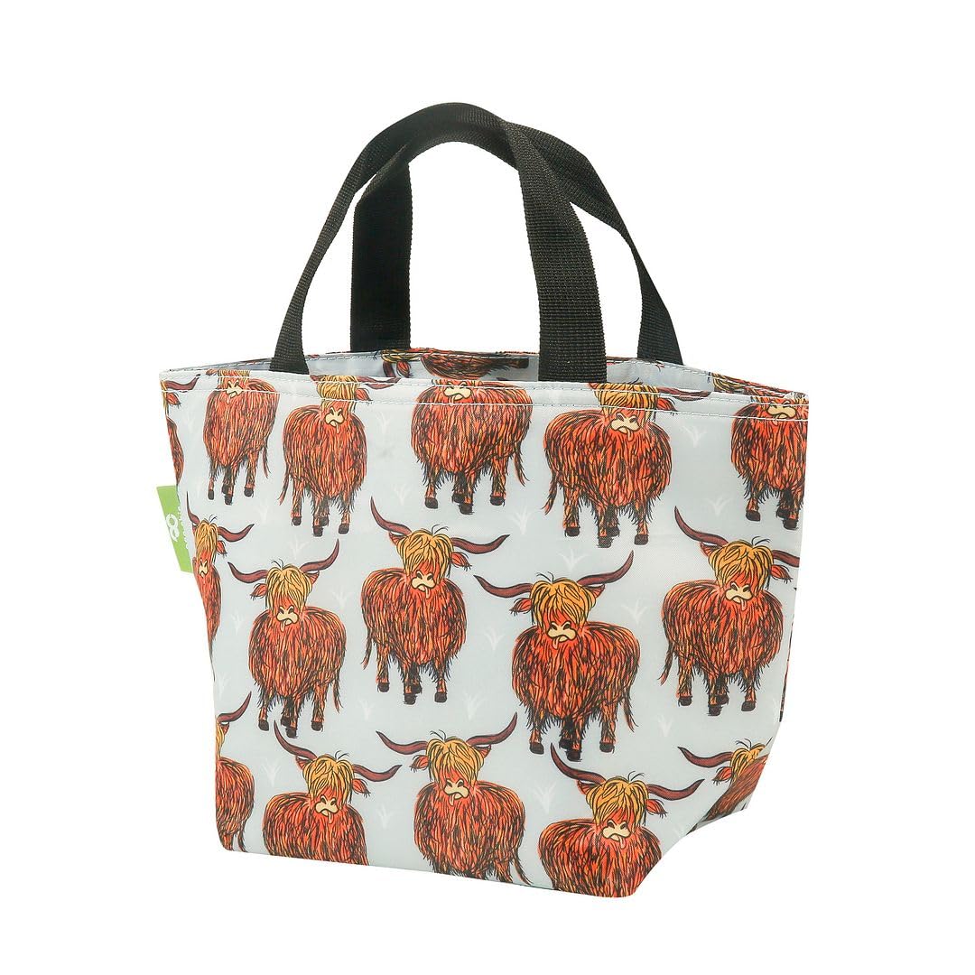 Eco Chic Lightweight Foldable Insulated Lunch Bag Water Resistant Cooler Bag (Highland Cow Grey)