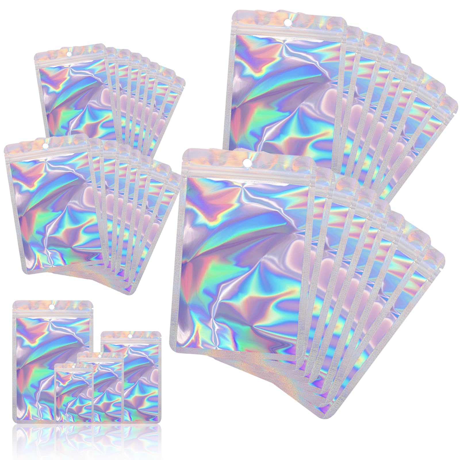Photo 1 of 400 Pack 4 Size Bags with Clear Window,Scratch Resistant Hand Holographic Packaging Pouch,Resealable Bag for Small Bussiness Cookies Jewelry Candy Sample (Holographic, 2.4×3.9,3x4.7,4×7,5.5×7.9 inch)