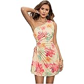 Floerns Women's Floral Sleeveless One Shoulder Drawstring Ruched Vacation A Line Beach Dresses
