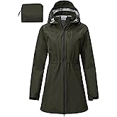 MoFiz Women Long Rain Coat With Detachable Hood Lightweigh Waterproof Fold Rain Jacket With Adjustable Drawstring at Waist