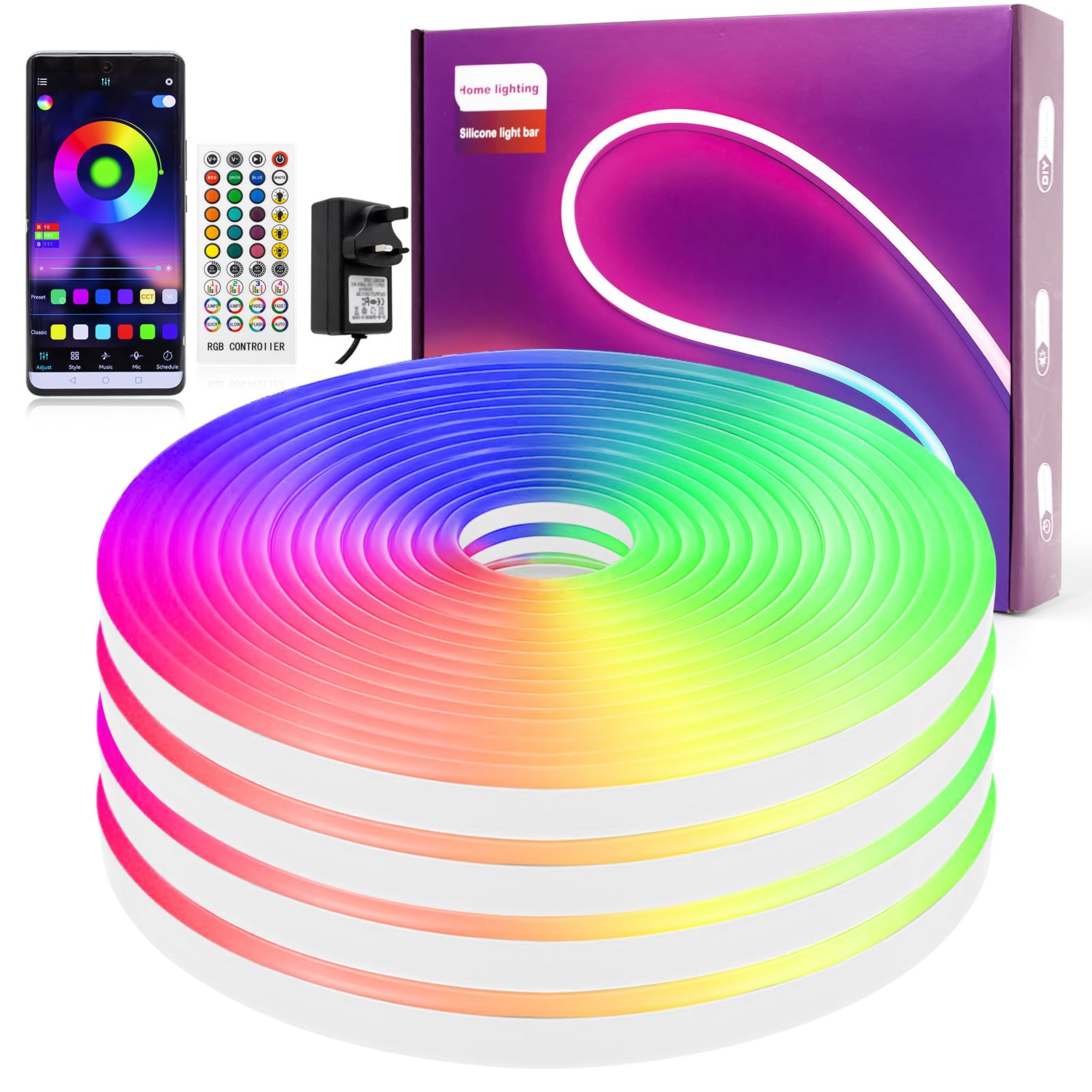 ELOUYCKE RGB LED Strip Lights 10M, Neon Light Strip Color Changing, Music Sync, Timer, Silicone DIY Flexible LED Rope Lights with Remote, App Control for Bedroom, Indoor, Outdoor, Party Deco