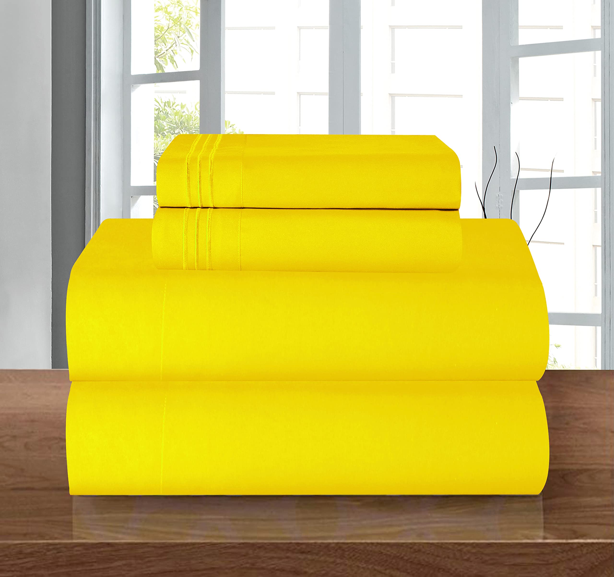 Elegant Comfort Luxury 1500 Premium Hotel Quality Microfiber 4-Piece Sheet Set - Wrinkle Resistant, All Around Elastic Fitted Sheet, Deep Pocket up to 16", Queen, Yellow