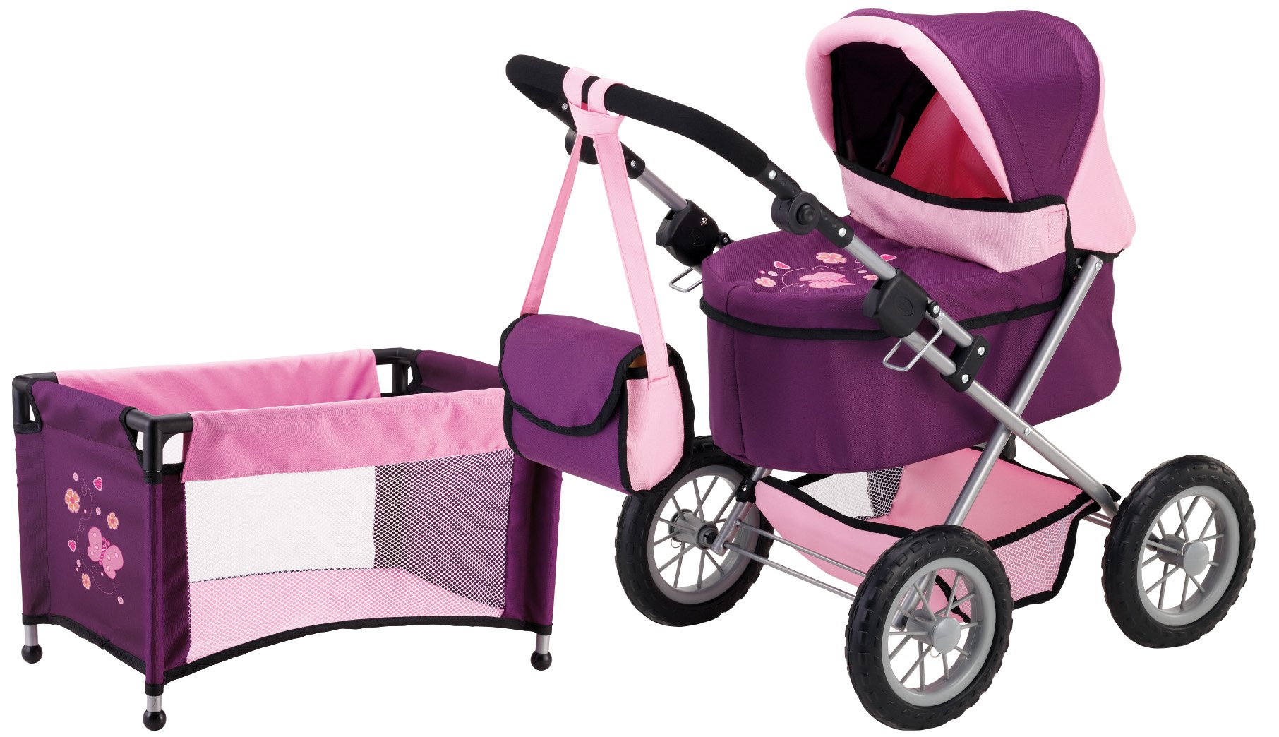 Bayer Design 13057AB Dolls Pram Trendy Set, stroller, adjustable handle, foldable, bag and bed