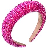 NVENF Hot Pink Headband Crystal Rhinestone Padded Headbands for Women Beaded Crystal Embellished Hairband Wide Bejewelled Velvet Headband Hair Accessory or Girls Holiday Party Prom Gifts (Hot Pink)