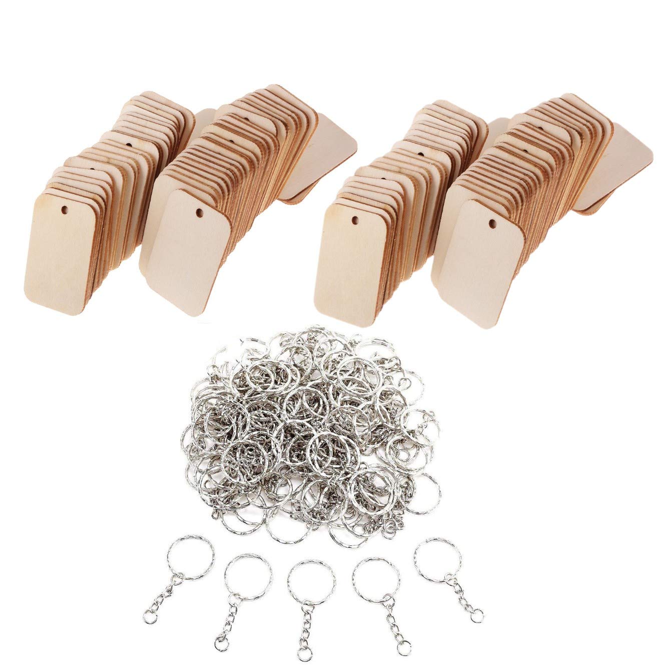 JZK 100 x Rectangle Unfinished Wood Slices Pieces with Holes and keyrings for Crafts, Wooden Tags for Pyrography Wedding Party Favours Gift Christmas Decorations
