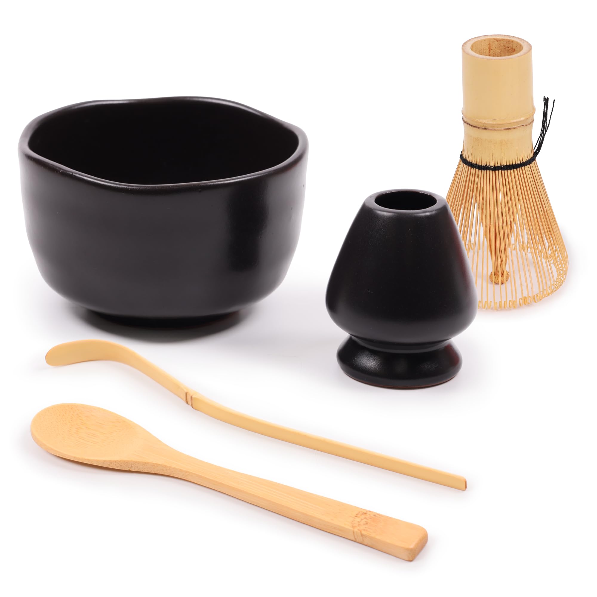 BambooMN Brand - Matcha Bowl Set (Includes Bowl, Rest,Tea Whisk, Chasaku, Tea Spoon) 1 Set Black