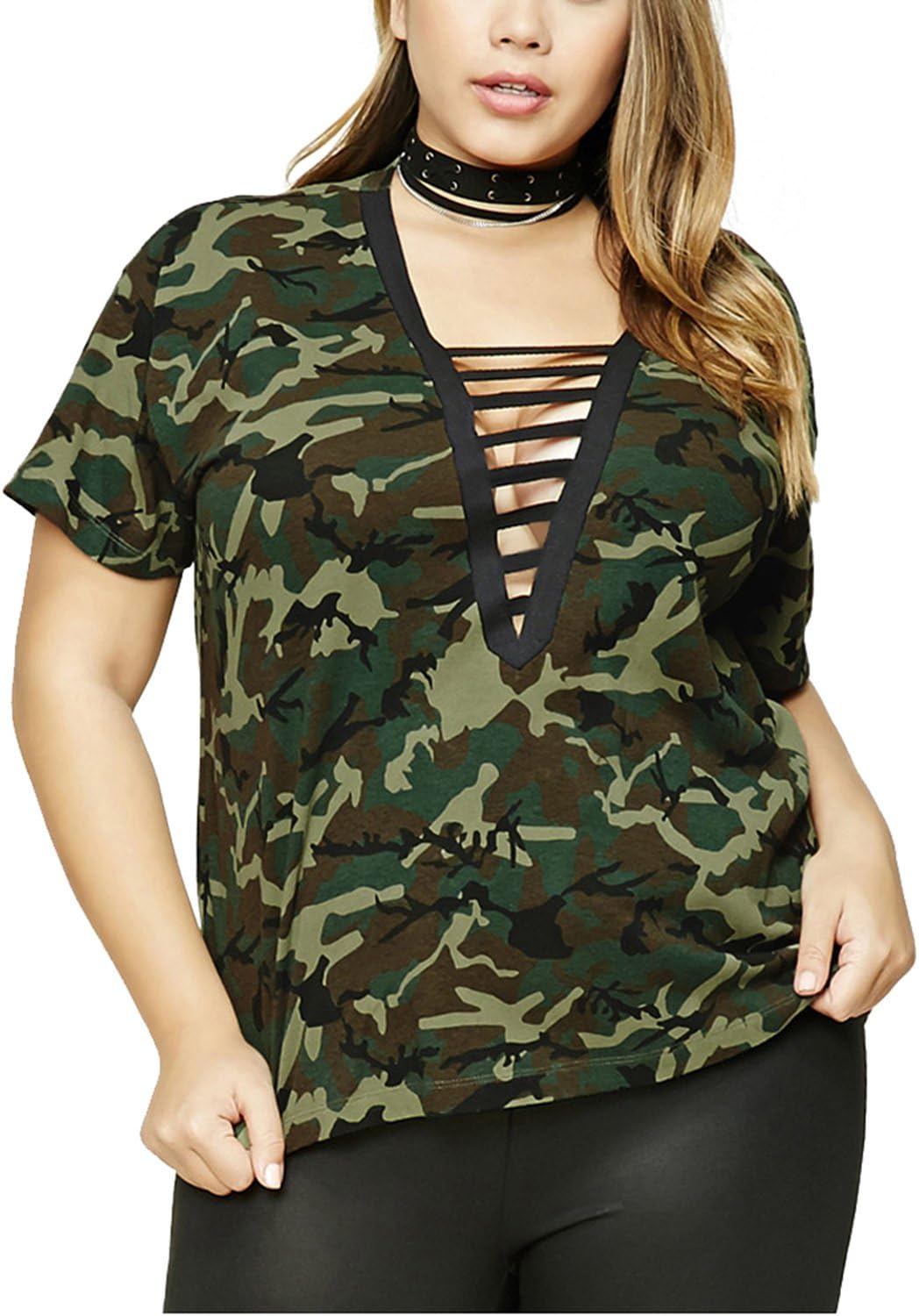 HaoDuoYi Womens Plus Size Camouflage Lace Up Crisscross Front Top T Shirt
