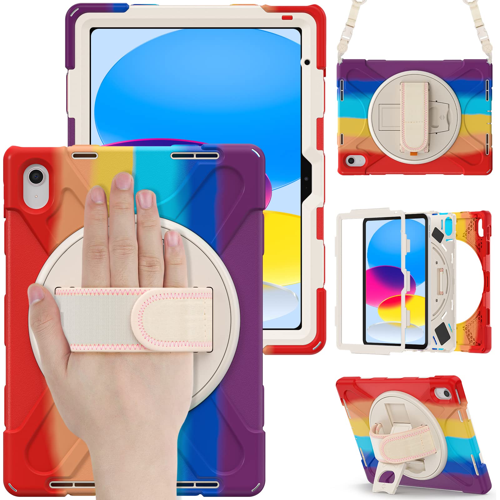 Bspring Case for iPad (A16) 11th/10th Generation 2025/2022 11/10.9 inch, Heavy Duty Rugged Protective Cover with Pencil Holder, 360°Rotating Hand Strap/Stand and Shoulder Strap, Rainbow red