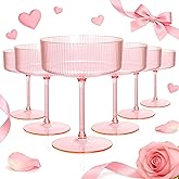 Ciaell 12PCS Plastic Ribbed Martini Glasses - 10 Oz Pink Disposable Coupe Glasses with Stem - Heavy Duty Margarita Cups for Bars, Cocktails, Whiskey, Parties & Wedding & Valentine's Day