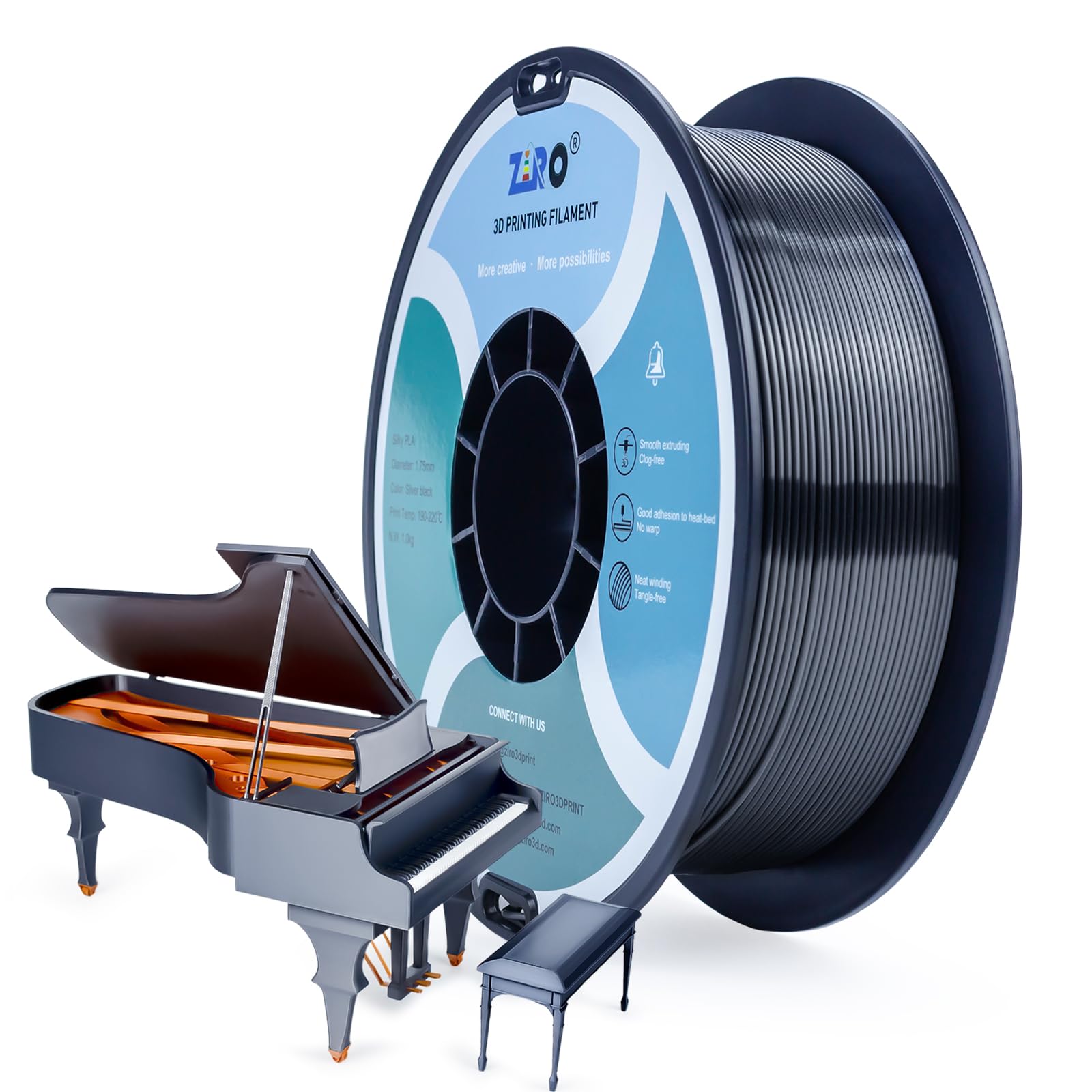 ZIRO PLA Silk Filament 1.75mm, 3D Printer Filament PLA Silky Series 1.75mm 1KG(2.2lbs), Dimensional Accuracy +/- 0.03mm, Silver Black