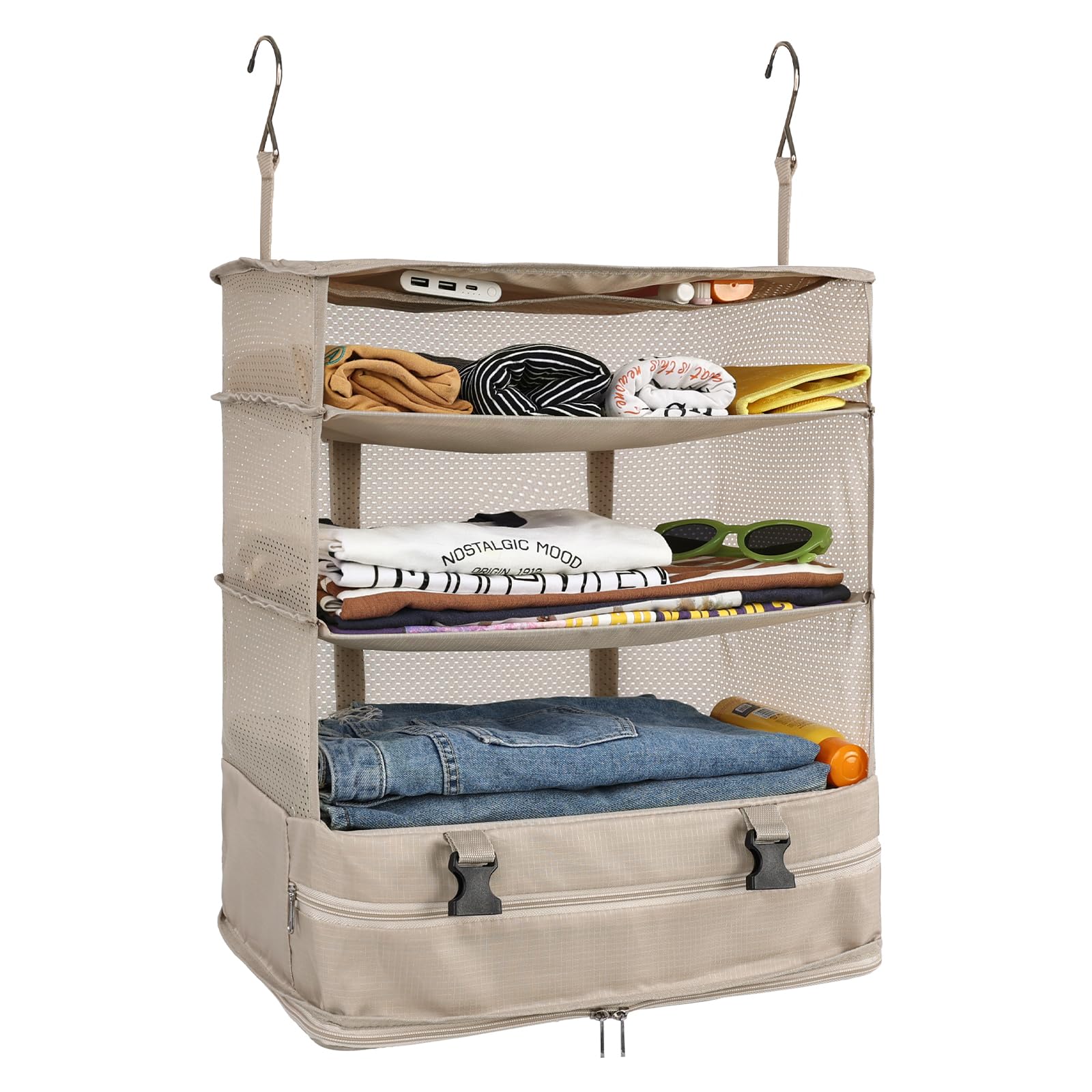 Surblue Hanging 3-Shelf Closet Organizer Pocket Collapsible Washable Oxford Fabric with 2 Hooks Beige XL