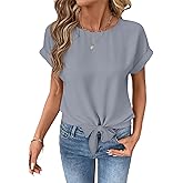 EVALESS Womens Bow Knot Hem Short Sleeve Blouses Dressy Casual Summer Crewneck T Shirts Going Out Tops