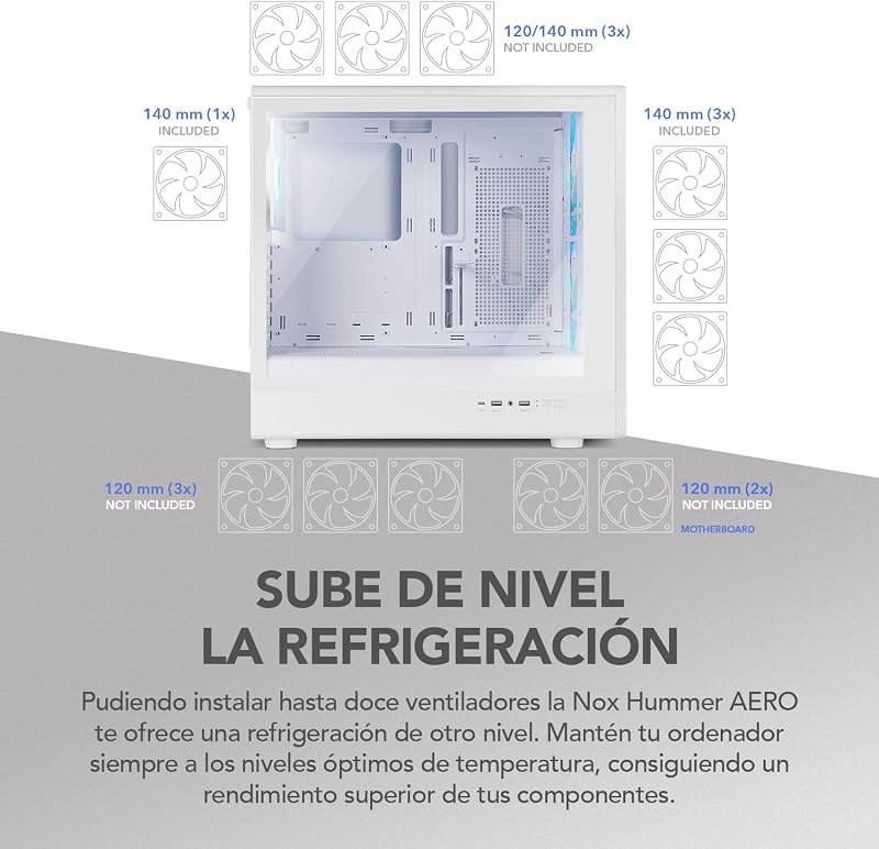 Hummer Aero – ATX Mid-Tower |M-ATX | O ITX inclui 4 ventoinhas ARGB PWM de 140mm, malha frontal, lado de vidro temperado, USB-C e USB 3.0, suporte a GPU de 420mm, filtro magnético, branco