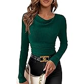 PRETTYGARDEN Women's Long Sleeve Cowl Neck Ribbed Knit Spring Shirts Slim Fit Ruched Going Out Crop Tops Basic T-Shirts