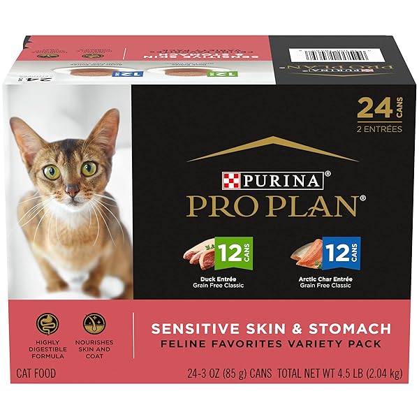 PURINA PRO PLAN SENSITIVE SKIN AND STOMACH WET CAT FOOD VARIETY PACK, DUCK AND ARTIC CHAR ENTREES – (PACK OF 24) 3 OZ. CANS