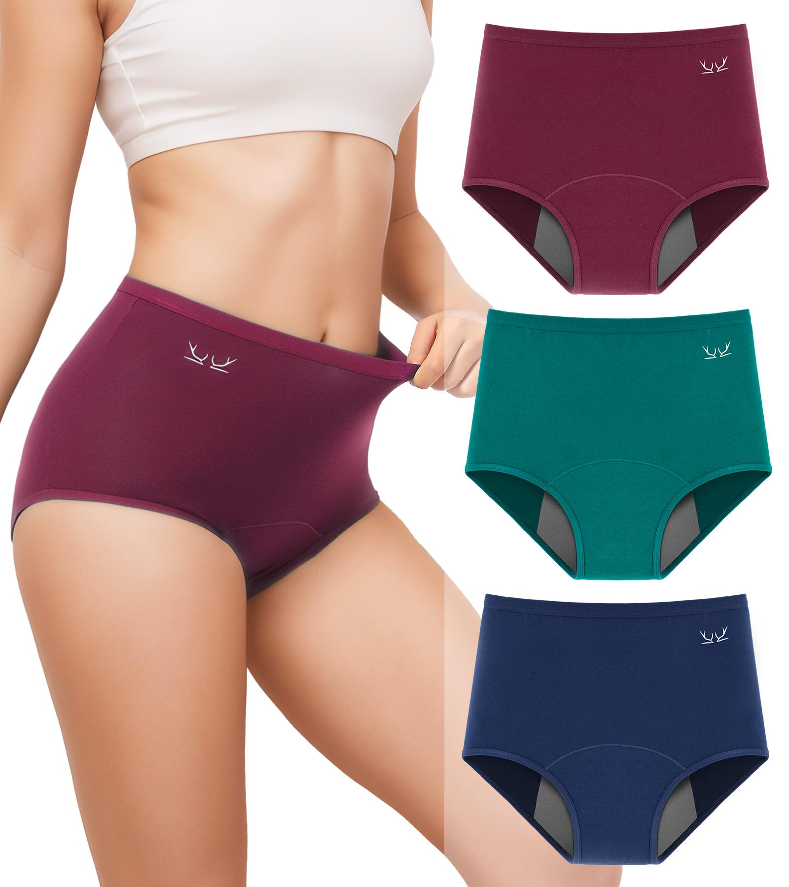 Benirap Period Underwear 3-Pack - High Waisted Cotton Leakproof Panties For Heavy Flow & Postpartum