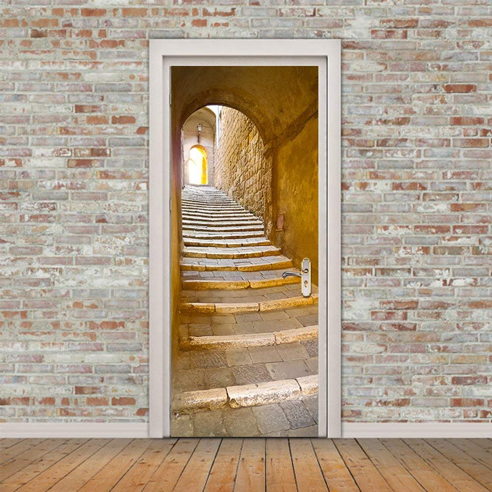 Wallflexi Door Stone Stairway Home Decoration Wall Art Murals Decals Living Room Nursery Restaurant Hotel Café Office Décor Removable Self-Adhesive Stickers, Vinyl, Multicolour, 200 x 88 x 0.03 cm