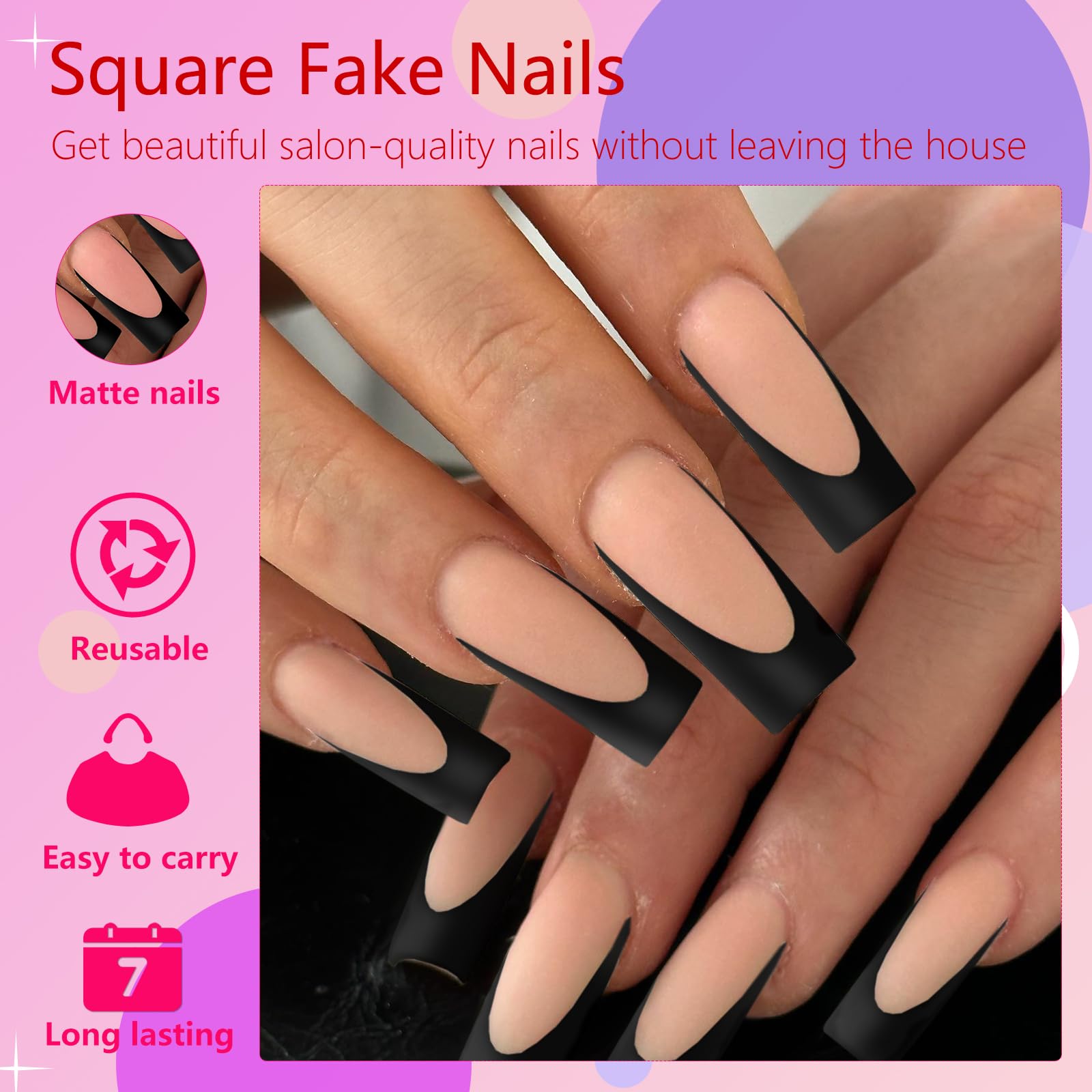 AddFavor 120pcs Black French Tip Press on Nails Long Square Fake Nails Nude False Nails Sqaure French Press ons Square Nail Acrylic Artificial Nail with Adhesive Tab for Women - Image 3
