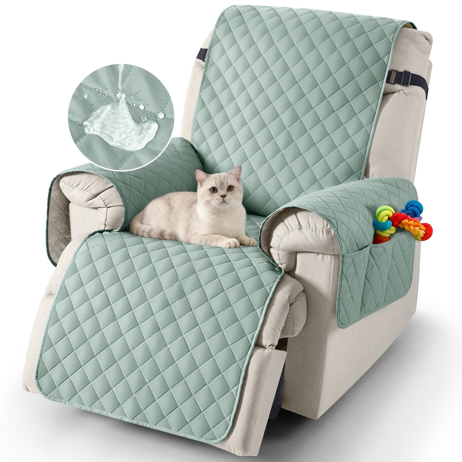 TAOCOCO Recliner Slipcovers,100% Waterproof Recliner Covers,Armchair Covers with Pockets,1 Seater Armchair Slipcovers,Non Slip Reclining Sofa Covers Arm Chair Covers for Pets(Mint Green)