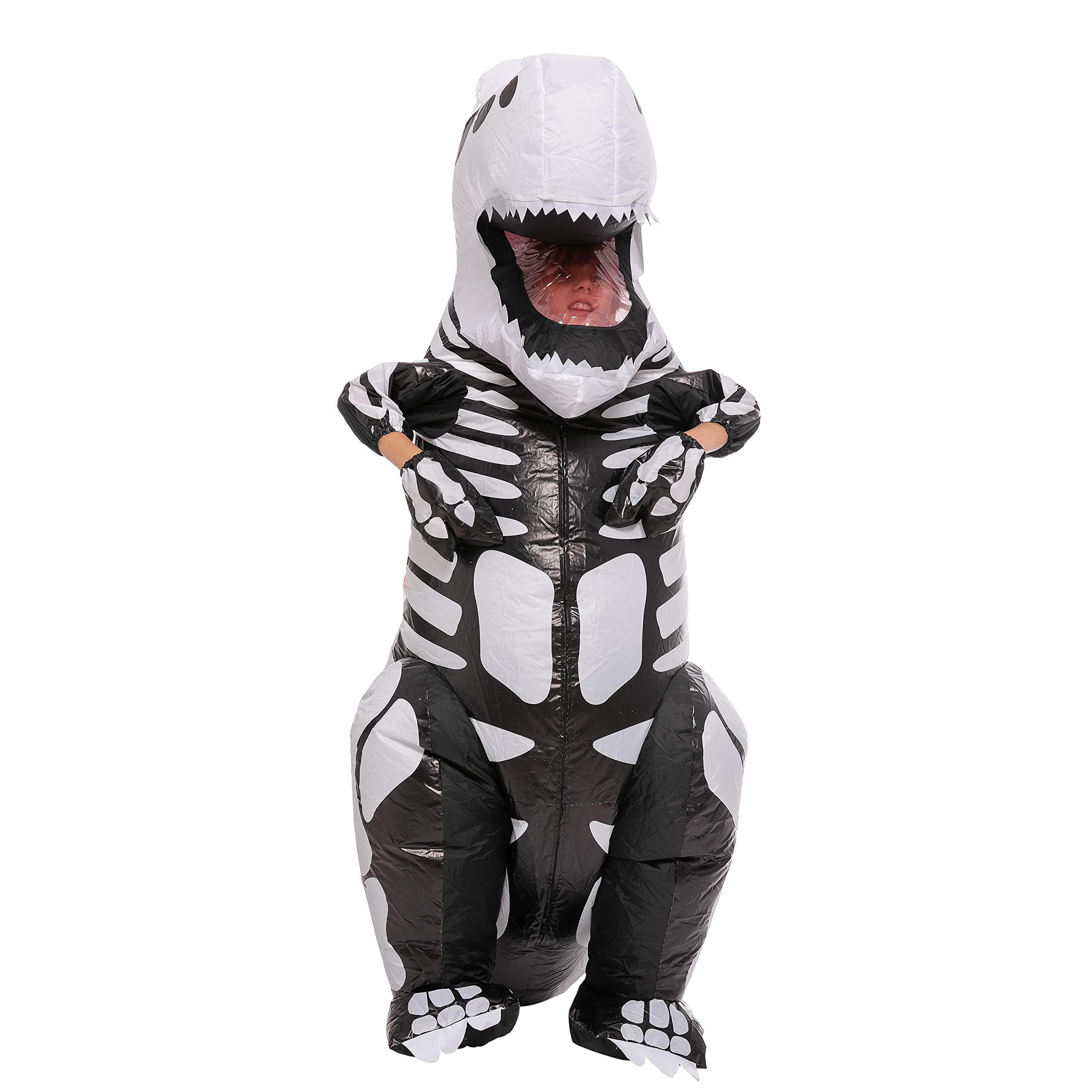 Spooktacular Creations Kids Skeleton Dinosaur Inflatable Costume, LED Light Eyes Skeleton Dinosaur Costume, Full Body T-Rex Blow Up for Halloween Dress Up Parties
