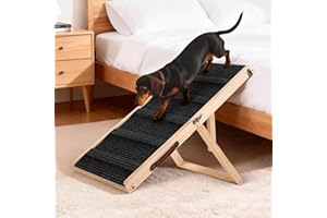 100CM Long Dog Ramp for Bed, Couch & Car - 5 Level Adjustable Height (26CM to 62CM), Foldable Portable Wooden Pet Ramp with N
