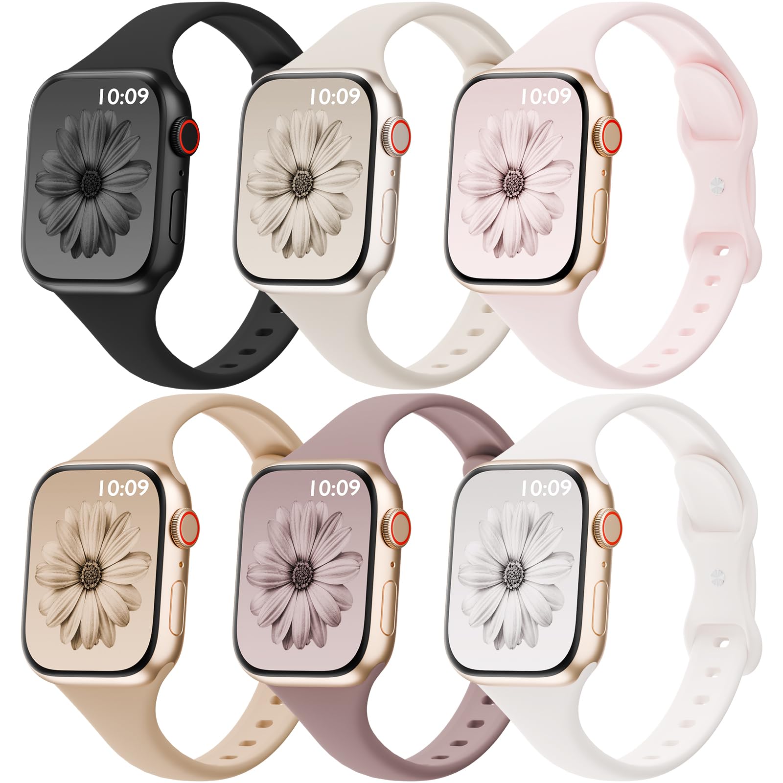 Photo 1 of 6 Pack Thin Bands Compatible with Apple Watch Band 38mm 40mm 41mm 42mm 44mm 45mm 46mm 49mm Women Men, Sport Silicone Strap Slim Wristband for iWatch Series 11 10 9 8 SE 7 6 5 4 3 2 1 Ultra