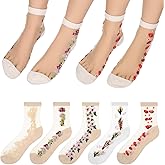 Tyqour 5 Pairs Womens Ankle Sheer Socks Transparent Embroidered Lace Socks Thin Floral Socks See Through Sock for Women Girls