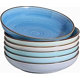 Y YHY 8.5'' Pasta Bowls Set of 6, 30 oz Ceramic Shallow Salad Bowls, Large Serving Soup Bowls Pasta Plates, Microwave & Dishwasher Safe Dinnerware Valentine's Day Gift, Gradient Blue