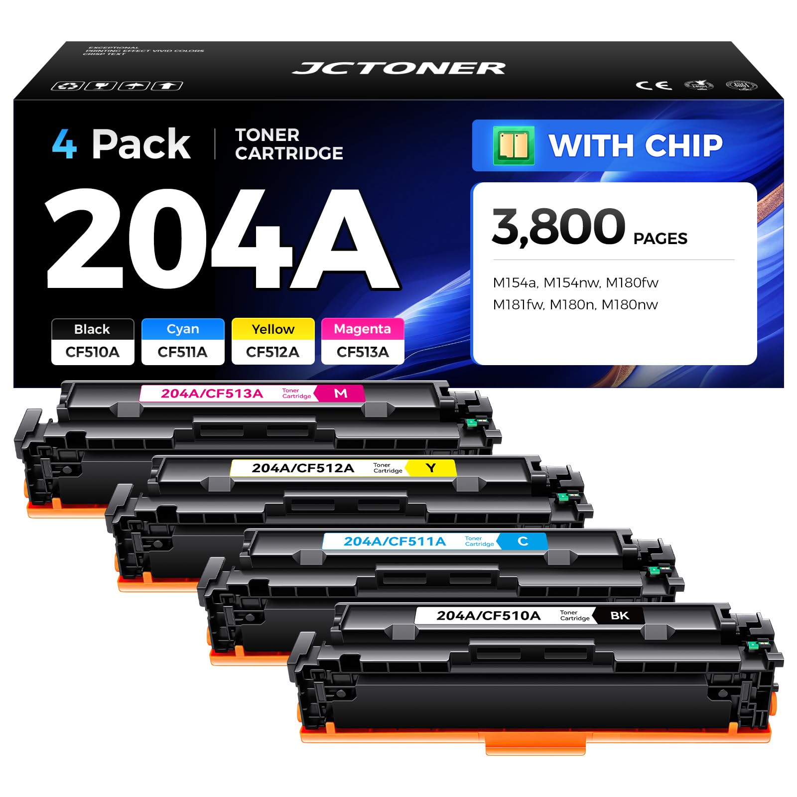 Photo 1 of 204A Toner Cartridge 4-Pack High Yield Replacement for HP 204A 204X CF510A CF511A CF512A CF513A Compatible for HP Color Laserjet Pro MFP M180fw M181fw M180n M180nw M154a M154nw Printer Ink Black Copy