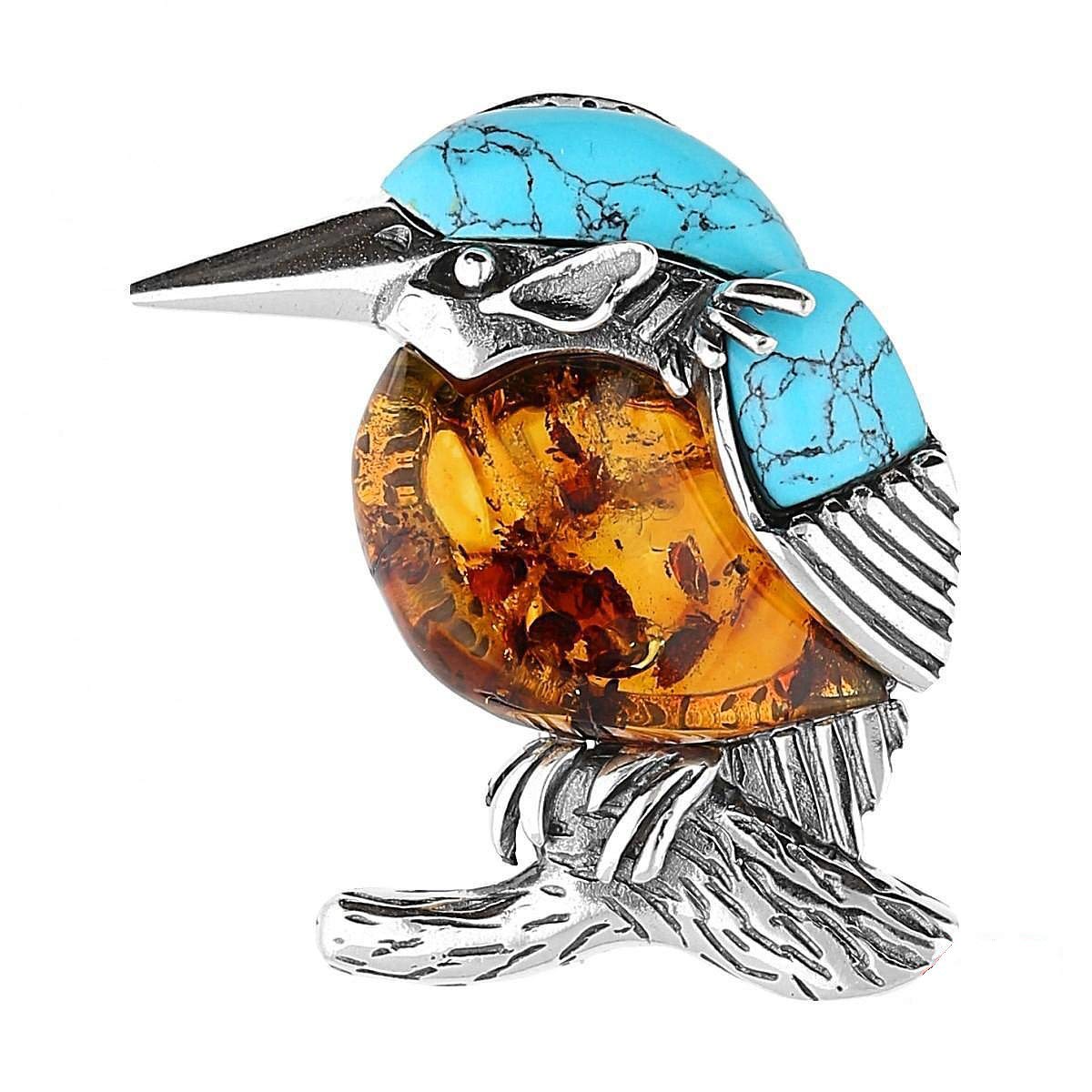 Kingfisher Bird Oxidised Silver Brooch Pin/Clip of Orange Amber & Blue Turquoise in Vintage Style for Women - 925 Sterling Silver