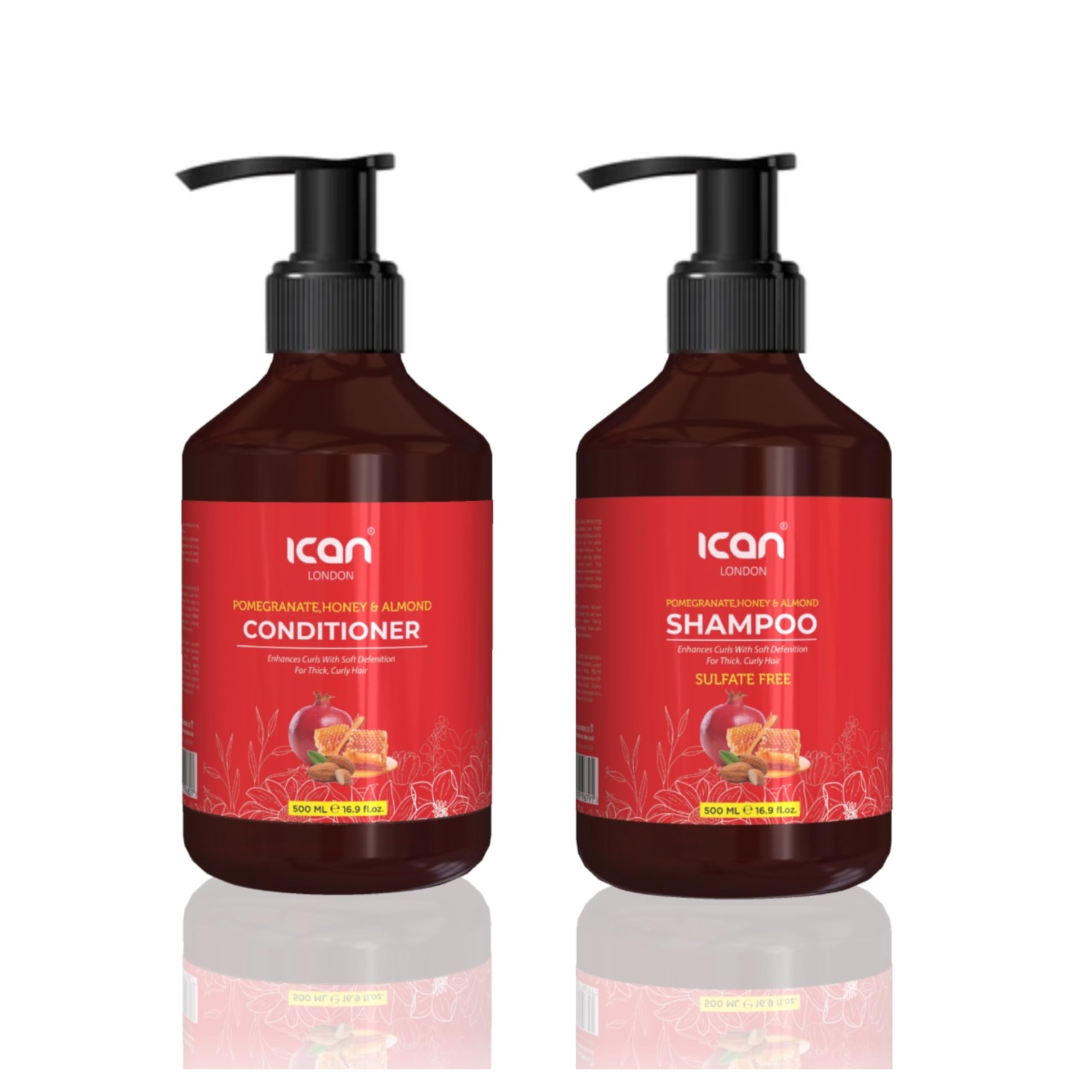 Ican London Pomegranate, Honey & Almond Sulfate Free Shampoo + Pomegranate, Honey & Almond Conditioner 500ml, Duo Pack For Thick Curly Hair