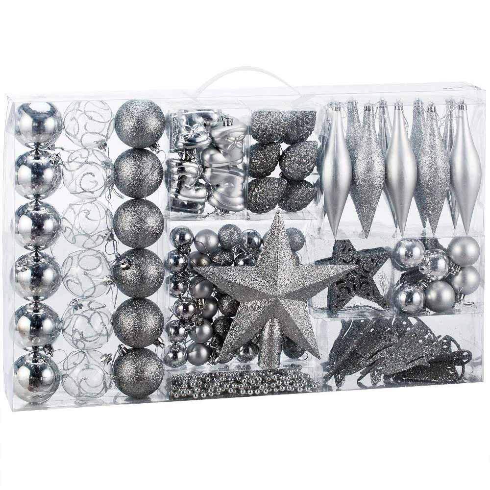 BAKAJI Christmas Tree Decorations 102 Pieces Pack Balls Socks Stars Pine Trees Christmas Decorations (Silver)