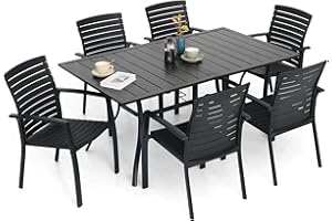 Virvla 7 Pieces Patio Dining Set Outdoor Furniture with 6 Stackable Aluminum/Plastic Chairs and Rectangular Table for Yard, Garden, Porch and Poolside - Black