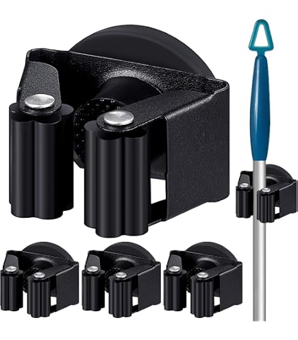 AIYOTAR Magnetic Mop & Broom Holder – Heavy Duty Wall Mount With Strong Neodymium Magnets & 4 Adjustable Clips, No-Drill Storage Rack For Garage, Kitchen, Laundry